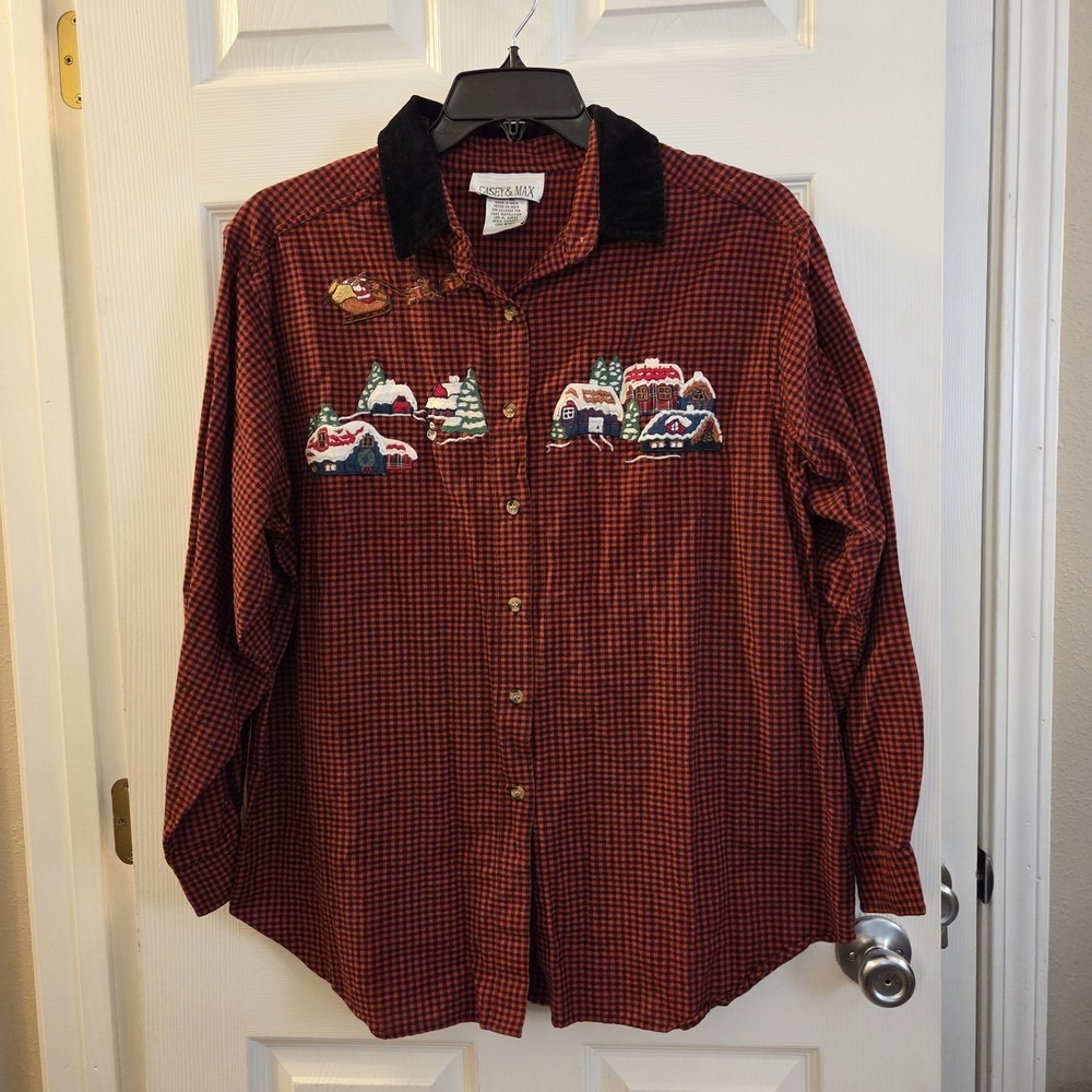 Casey&Max sz XL button shirt red gingham velvet collared Santa Christmas Holiday
